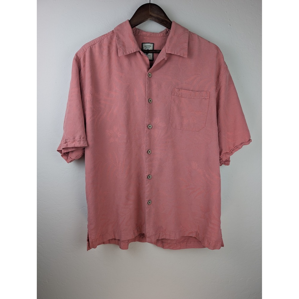 Jamaica Jaxx Mens Large Silk Jacquard Tropical Camp Shirt Salmon Pink SS